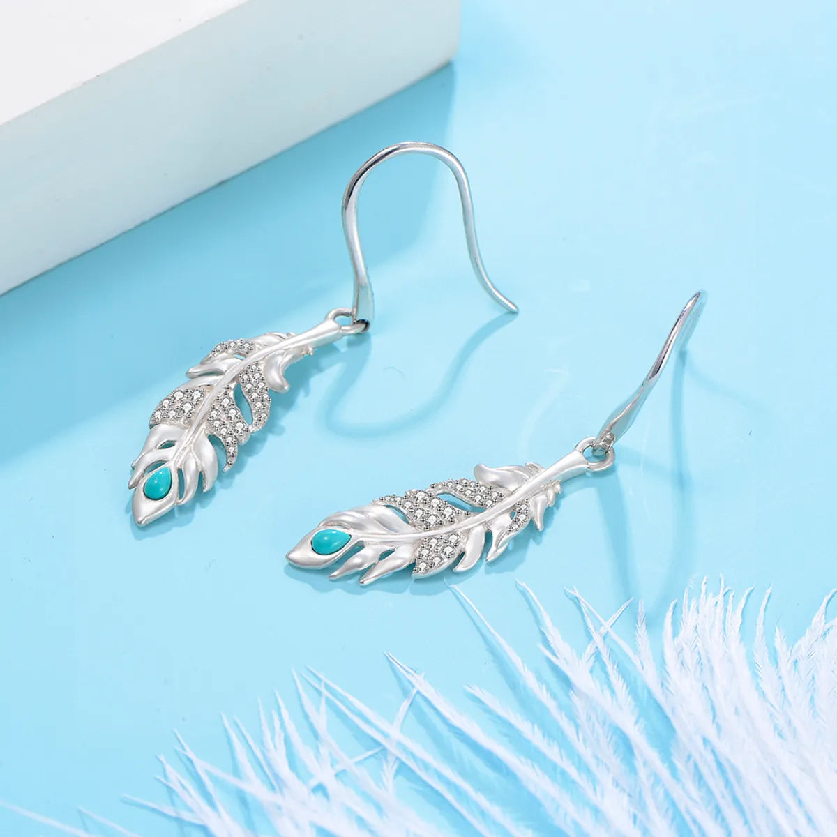 1 Pair Elegant Feather Plating Inlay Sterling Silver Zircon Rhodium Plated Drop Earrings