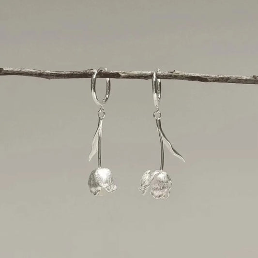 1 Pair Elegant Flower Carving Sterling Silver Drop Earrings