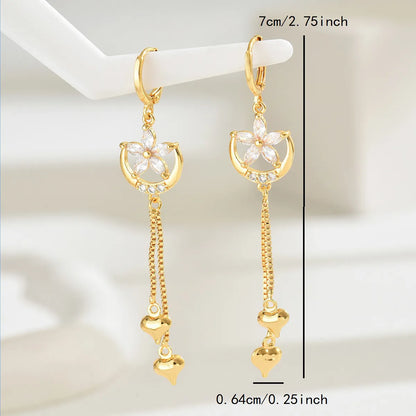 1 Pair Elegant Flower Gourd Fish Inlay 201 Stainless Steel Rhinestones Zircon 18K Gold Plated Drop Earrings