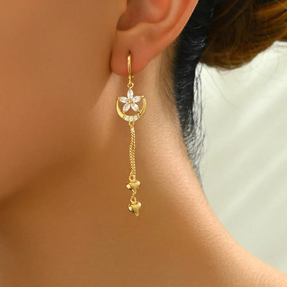 1 Pair Elegant Flower Gourd Fish Inlay 201 Stainless Steel Rhinestones Zircon 18K Gold Plated Drop Earrings