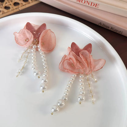 1 Pair Elegant Flower Imitation Pearl Cloth Resin Drop Earrings