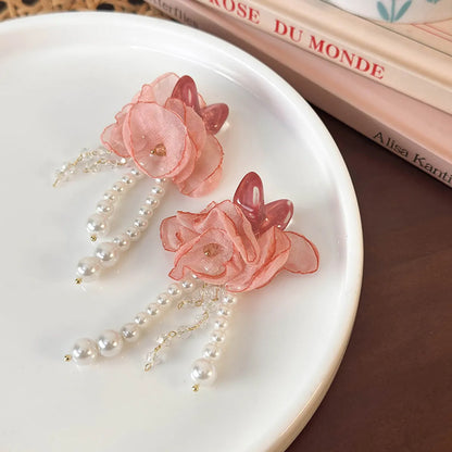 1 Pair Elegant Flower Imitation Pearl Cloth Resin Drop Earrings