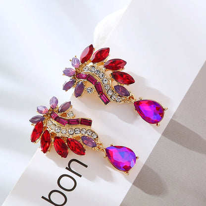 1 Pair Elegant Flower Inlay Alloy Rhinestones Drop Earrings