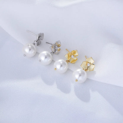 1 Pair Elegant Flower Inlay Imitation Pearl Sterling Silver Zircon Drop Earrings