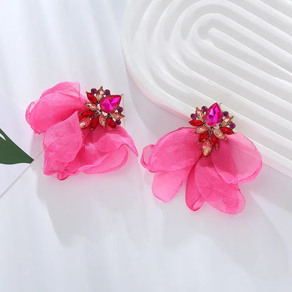 1 Pair Elegant Flower Petal Plating Inlay Alloy Gauze Rhinestones Glass Drill Gold Plated Earrings