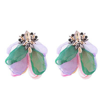 1 Pair Elegant Flower Petal Plating Inlay Alloy Gauze Rhinestones Glass Drill Gold Plated Earrings