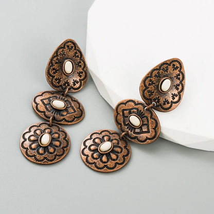 1 Pair Elegant Flower Plating Carving Alloy Drop Earrings