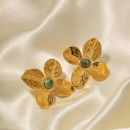 1 Pair Elegant Flower Plating Inlay Stainless Steel Turquoise 18k Gold Plated Ear Studs