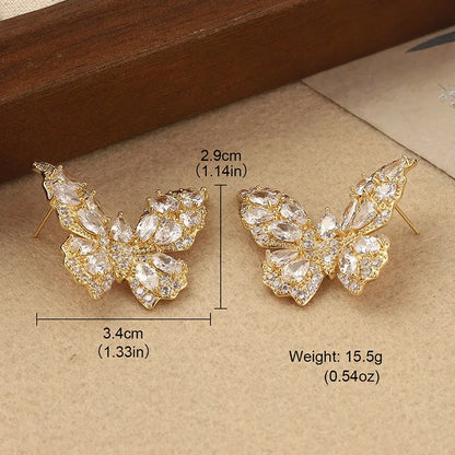 1 Pair Elegant French Style Butterfly Inlay Copper Zircon 14K Gold Plated Ear Studs