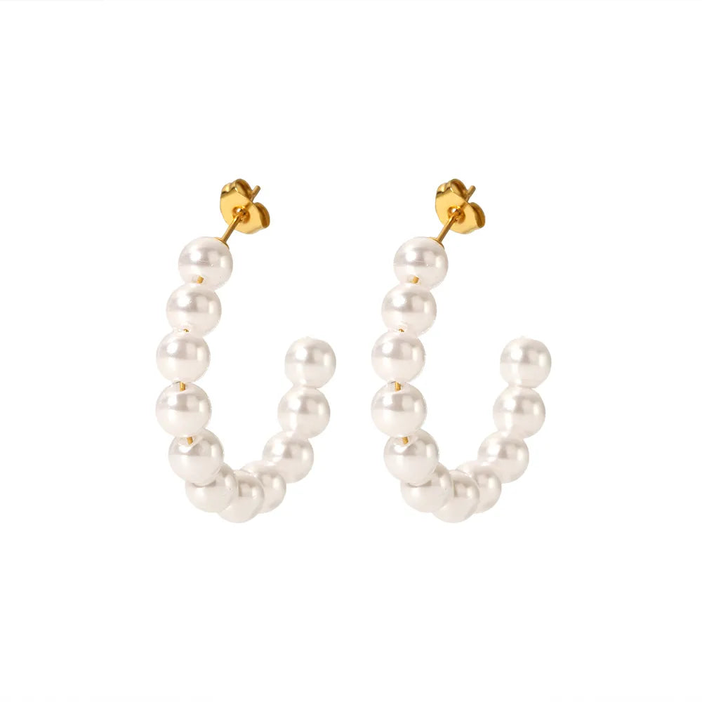 1 Pair Elegant French Style C Shape Beaded Plating 304 Stainless Steel Artificial Pearl 18K Gold Plated Ear Studs