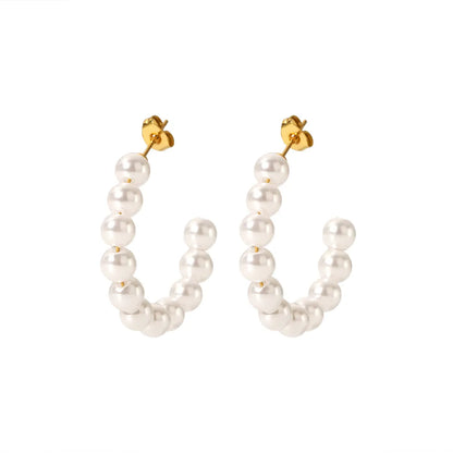 1 Pair Elegant French Style C Shape Beaded Plating 304 Stainless Steel Artificial Pearl 18K Gold Plated Ear Studs