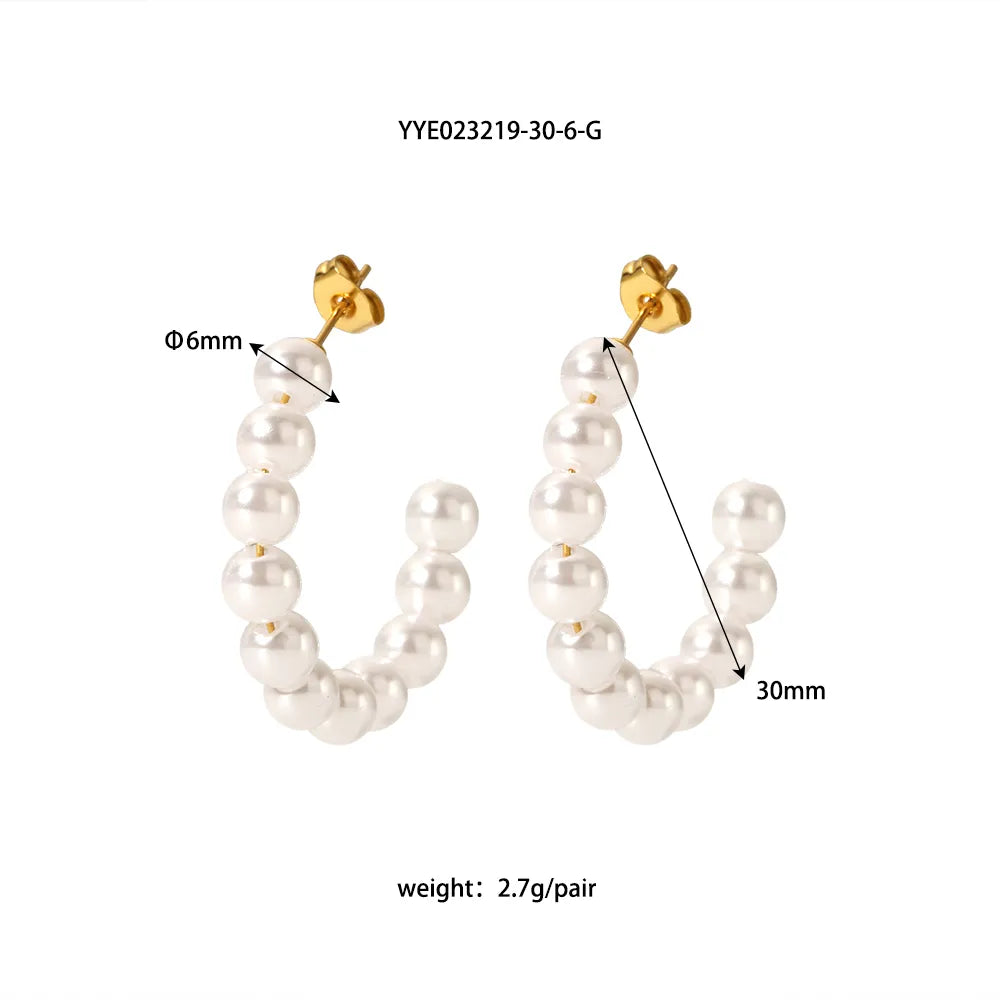 1 Pair Elegant French Style C Shape Beaded Plating 304 Stainless Steel Artificial Pearl 18K Gold Plated Ear Studs