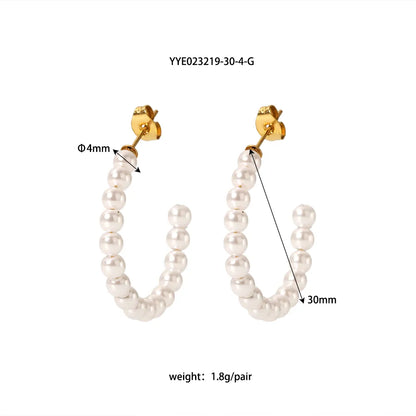 1 Pair Elegant French Style C Shape Beaded Plating 304 Stainless Steel Artificial Pearl 18K Gold Plated Ear Studs