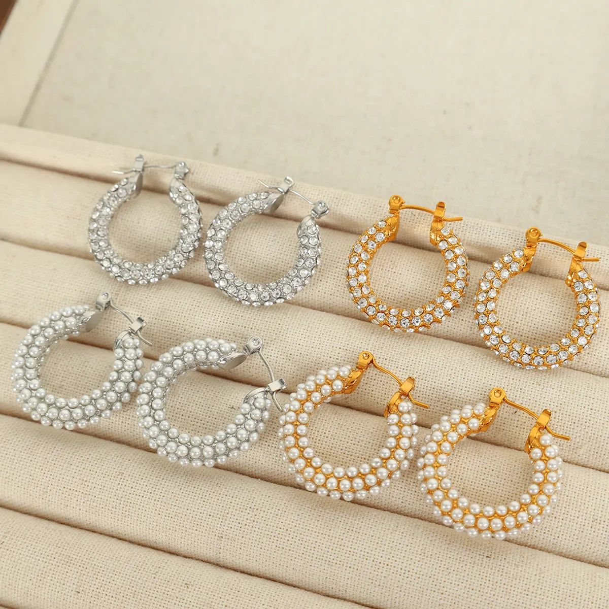 1 Pair Elegant French Style Commute Circle Polishing Inlay 304 Stainless Steel Rhinestones Glass Bead 18K Gold Plated Earrings