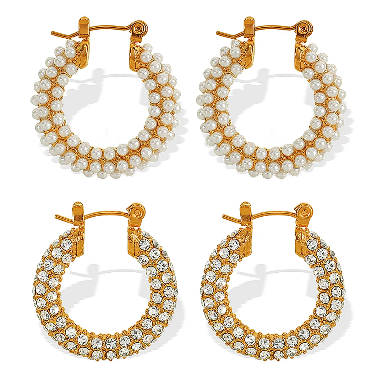 1 Pair Elegant French Style Commute Circle Polishing Inlay 304 Stainless Steel Rhinestones Glass Bead 18K Gold Plated Earrings