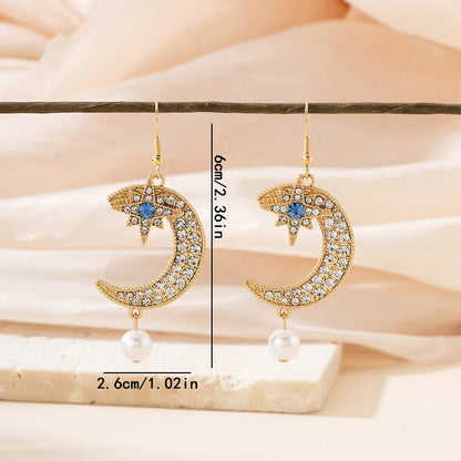 1 Pair Elegant French Style Hexagram Moon Inlay Alloy Acrylic Artificial Pearls Drop Earrings