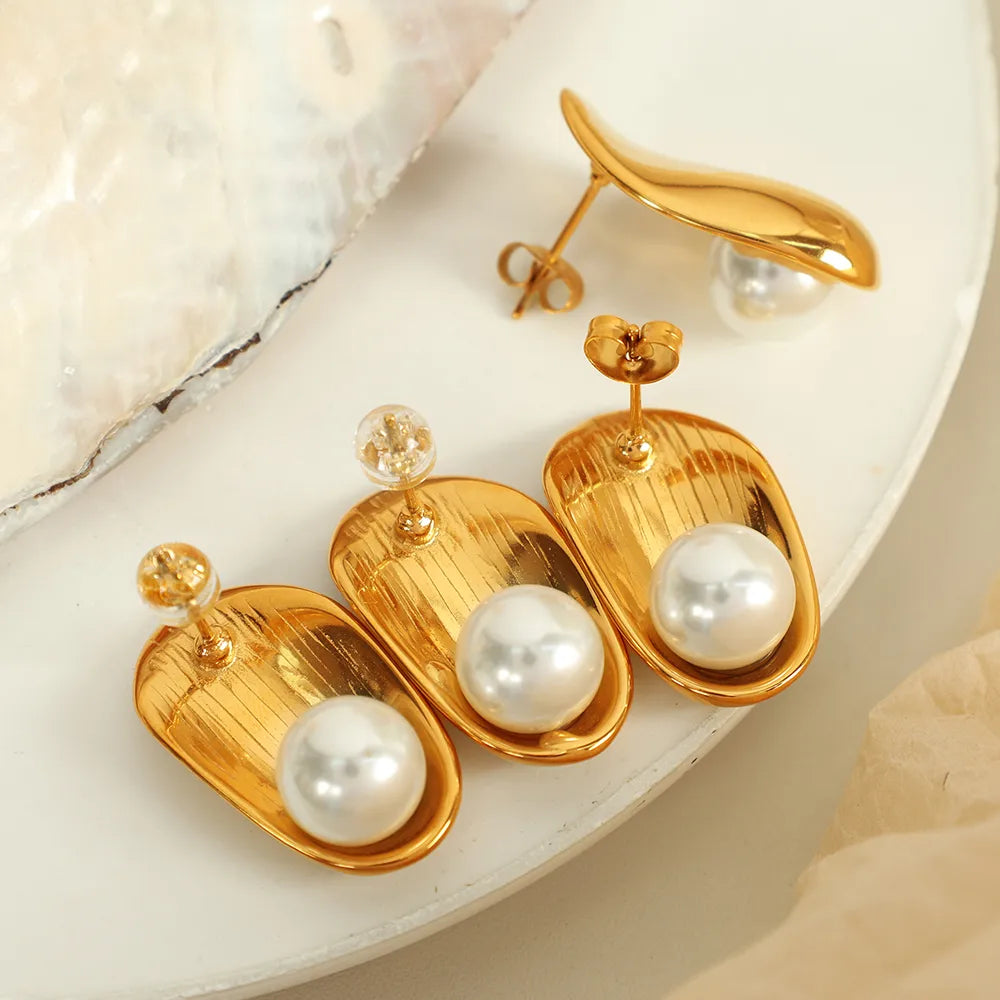 1 Pair Elegant French Style IG Style Oval Polishing Inlay 304 Stainless Steel Glass Bead 18K Gold Plated Ear Studs