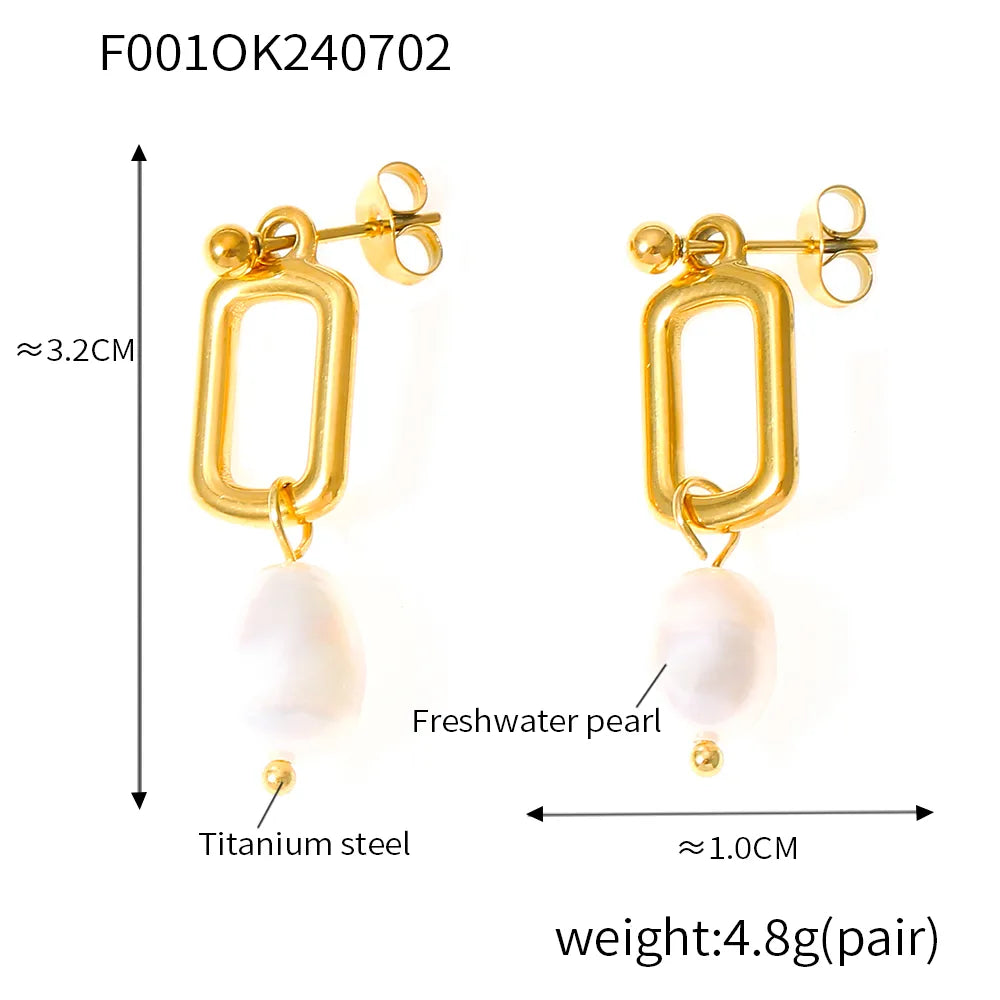 1 Pair Elegant French Style Quadrilateral Oval Plating 304 Stainless Steel Freshwater Pearl 18K Gold Plated Drop Earrings