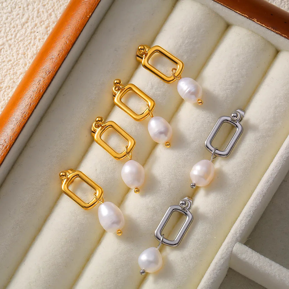 1 Pair Elegant French Style Quadrilateral Oval Plating 304 Stainless Steel Freshwater Pearl 18K Gold Plated Drop Earrings