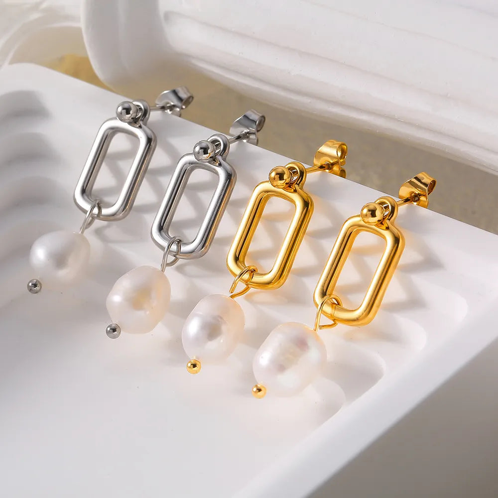 1 Pair Elegant French Style Quadrilateral Oval Plating 304 Stainless Steel Freshwater Pearl 18K Gold Plated Drop Earrings