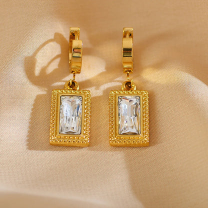 1 Pair Elegant French Style Rectangle Inlay Stainless Steel Zircon Drop Earrings