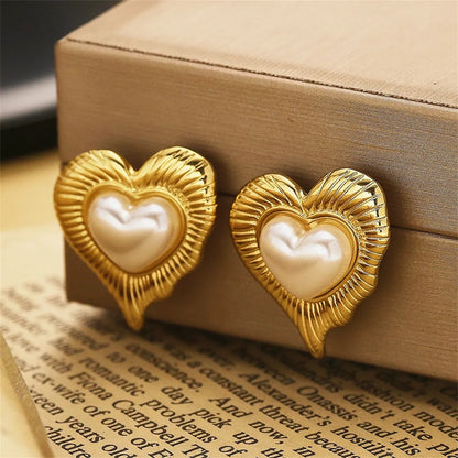 1 Pair Elegant French Style Streetwear Heart Shape Inlay 304 Stainless Steel Artificial Pearls Ear Studs