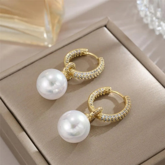 1 Pair Elegant Geometric Plating Inlay Stainless Steel Imitation Pearl Zircon 18k Gold Plated Drop Earrings