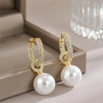 1 Pair Elegant Geometric Plating Inlay Stainless Steel Imitation Pearl Zircon 18k Gold Plated Drop Earrings