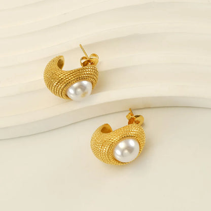 1 Pair Elegant Geometric Polishing Plating Inlay Stainless Steel Pearl 18k Gold Plated Ear Studs