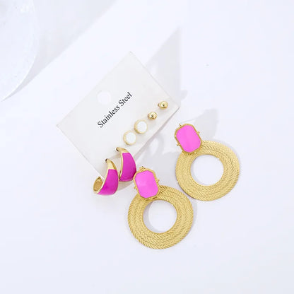 1 Pair Elegant Geometric Round Enamel 304 Stainless Steel 14K Gold Plated Drop Earrings