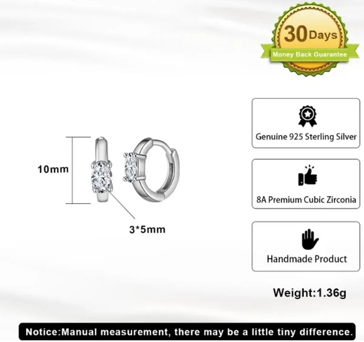 1 Pair Elegant Geometric Solid Color Polishing Inlay Sterling Silver Zircon White Gold Plated Hoop Earrings