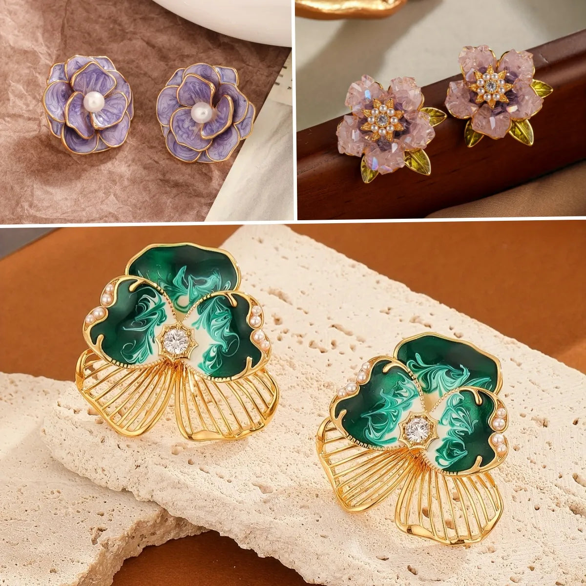 1 Pair Elegant Glam Flower Enamel Plating Inlay Copper Artificial Pearls Zircon Ear Studs