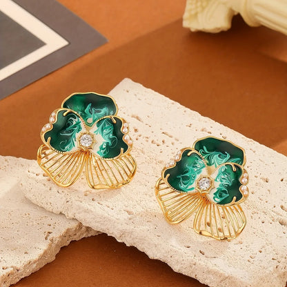 1 Pair Elegant Glam Flower Enamel Plating Inlay Copper Artificial Pearls Zircon Ear Studs