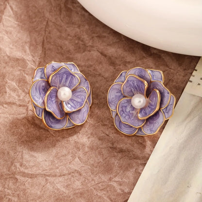 1 Pair Elegant Glam Flower Enamel Plating Inlay Copper Artificial Pearls Zircon Ear Studs