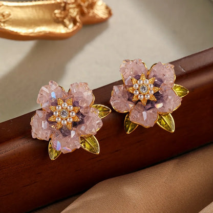 1 Pair Elegant Glam Flower Enamel Plating Inlay Copper Artificial Pearls Zircon Ear Studs