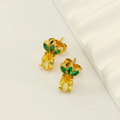 1 Pair Elegant Glam Fruit Pineapple Watermelon Plating Inlay Stainless Steel Zircon 18k Gold Plated Ear Studs