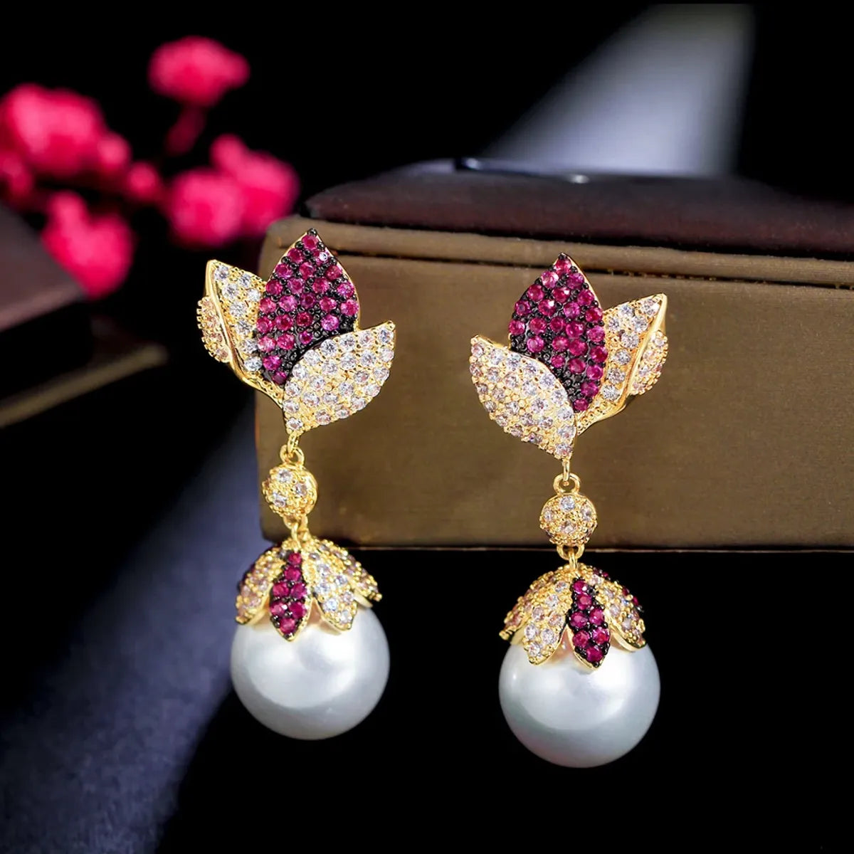 1 Pair Elegant Glam Geometric Plating Inlay Copper Artificial Pearls Zircon Rhodium Plated Silver Plated Drop Earrings