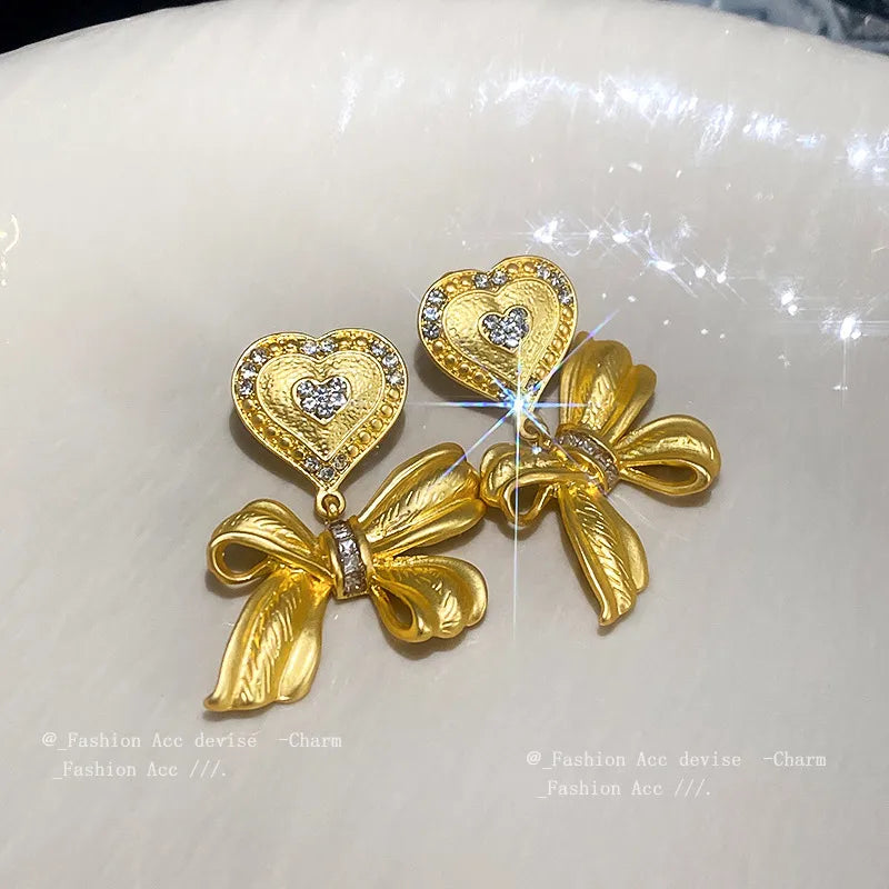 1 Pair Elegant Glam Heart Shape Bow Knot Plating Inlay Alloy Rhinestones Drop Earrings