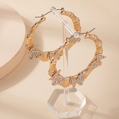 1 Pair Elegant Glam Lady Solid Color Butterfly Plating Inlay Ferroalloy Rhinestones 14k Gold Plated Hoop Earrings