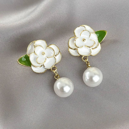 1 Pair Elegant Glam Luxurious Flower Enamel Inlay Copper Pearl Drop Earrings