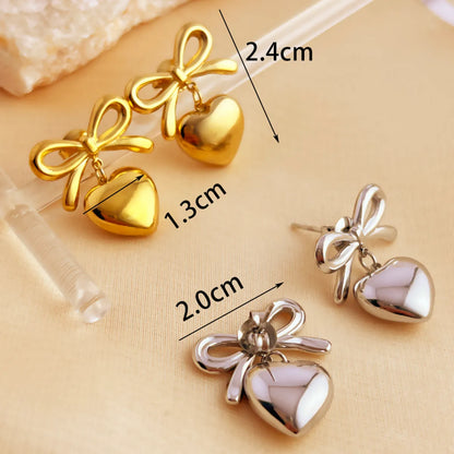 1 Pair Elegant Glam Luxurious Heart Shape Bow Knot Plating 304 Stainless Steel 18K Gold Plated Dangling Earrings