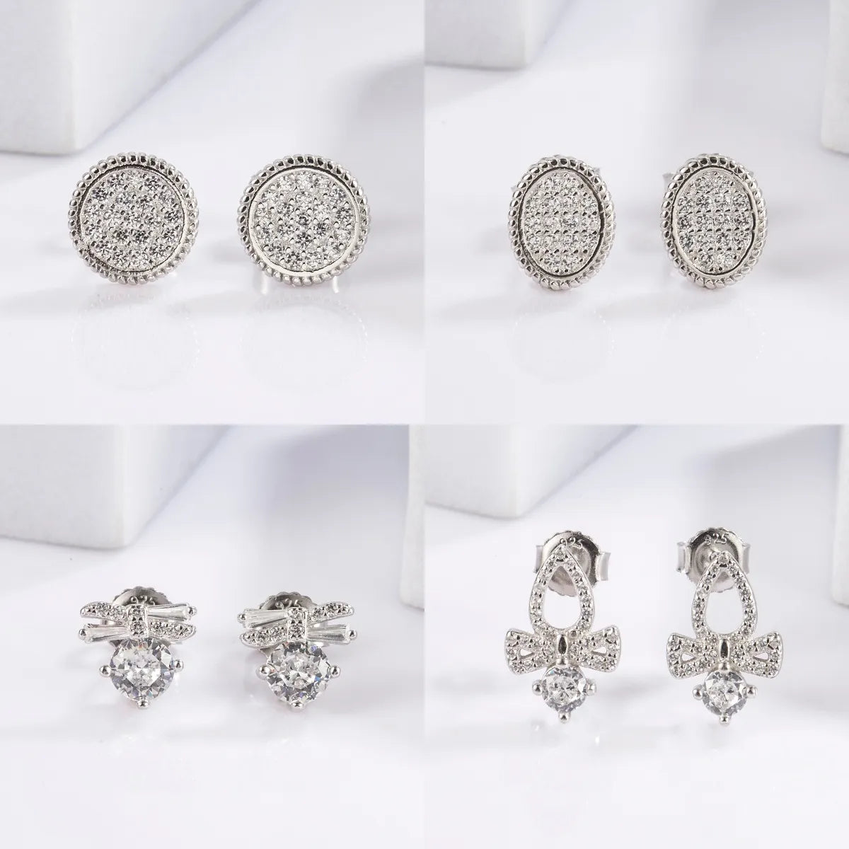 1 Pair Elegant Glam Luxurious Round Oval Bow Knot Plating Inlay Sterling Silver Zircon White Gold Plated Ear Studs