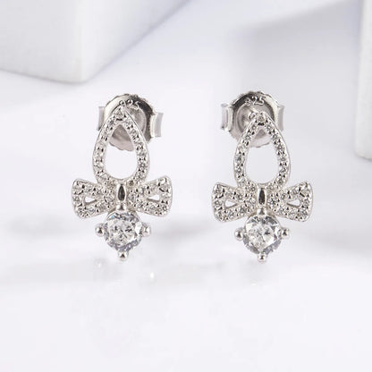 1 Pair Elegant Glam Luxurious Round Oval Bow Knot Plating Inlay Sterling Silver Zircon White Gold Plated Ear Studs