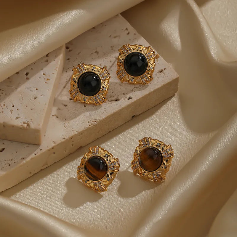 1 Pair Elegant Glam Luxurious Round Square Plating Inlay Copper Natural Stone Amber Obsidian 18k Gold Plated Ear Studs