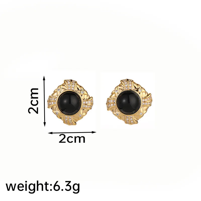 1 Pair Elegant Glam Luxurious Round Square Plating Inlay Copper Natural Stone Amber Obsidian 18k Gold Plated Ear Studs