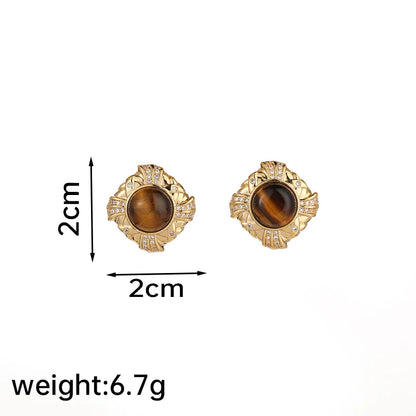 1 Pair Elegant Glam Luxurious Round Square Plating Inlay Copper Natural Stone Amber Obsidian 18k Gold Plated Ear Studs