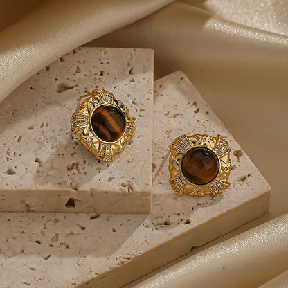 1 Pair Elegant Glam Luxurious Round Square Plating Inlay Copper Natural Stone Amber Obsidian 18k Gold Plated Ear Studs