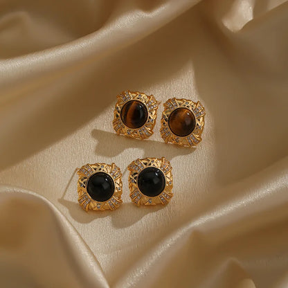 1 Pair Elegant Glam Luxurious Round Square Plating Inlay Copper Natural Stone Amber Obsidian 18k Gold Plated Ear Studs