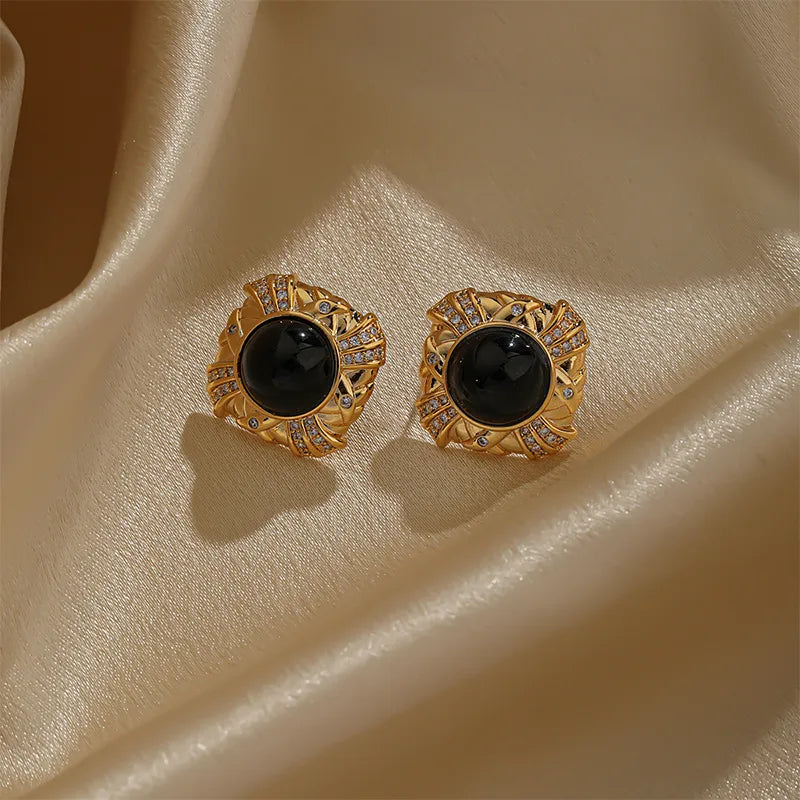 1 Pair Elegant Glam Luxurious Round Square Plating Inlay Copper Natural Stone Amber Obsidian 18k Gold Plated Ear Studs