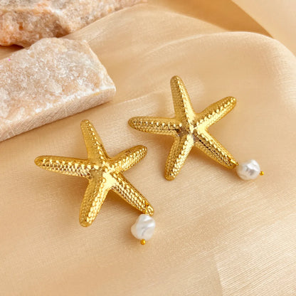 1 Pair Elegant Glam Luxurious Starfish Pearl 304 Stainless Steel 18K Gold Plated Drop Earrings